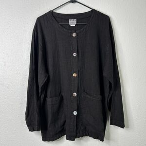 C.C. Collection Linen Button Up Shirt Jacket Black Pockets USA Womens Large